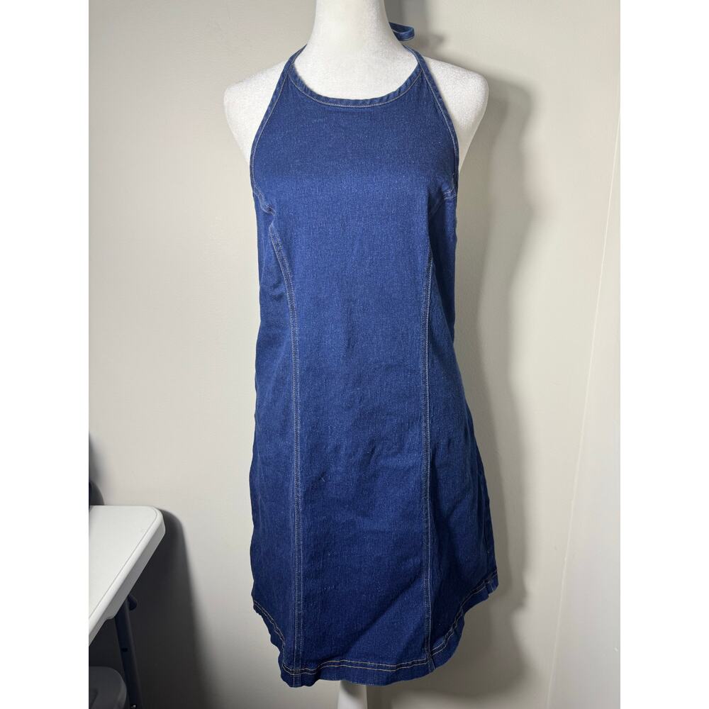 Vintage Y2K 90s Halter Tie Neck Denim Jean Dress Size 11